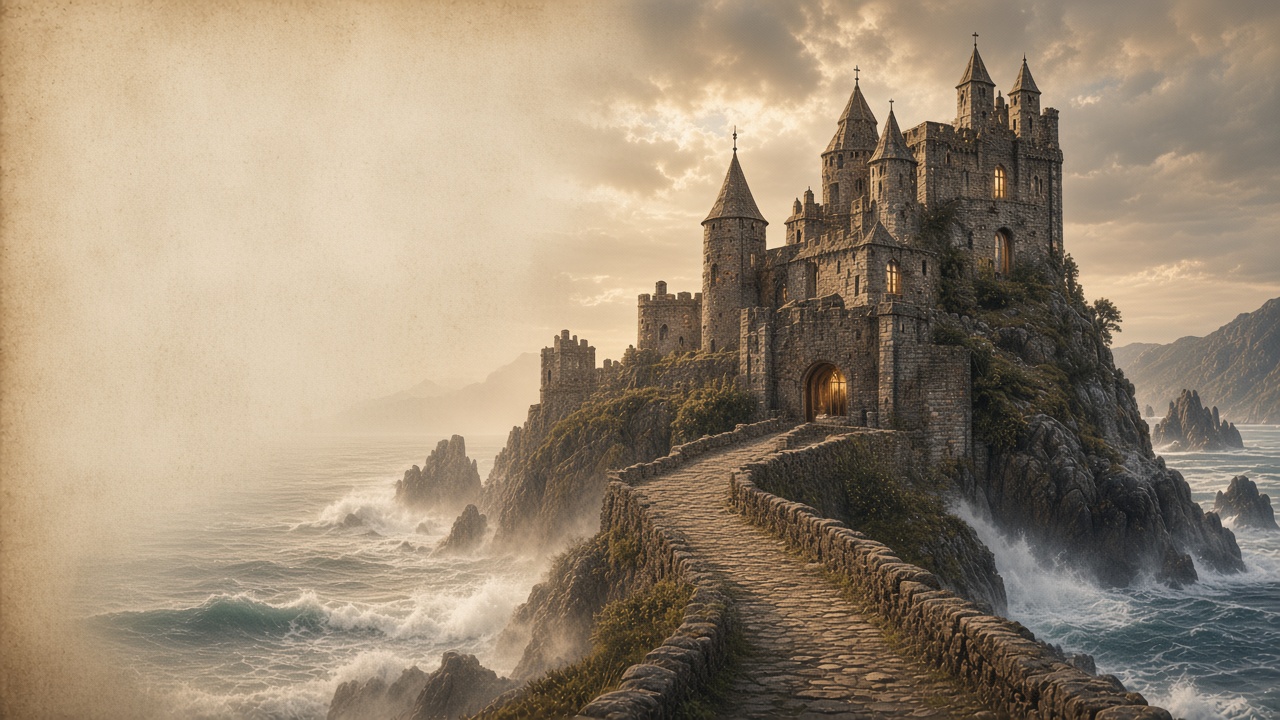 A weathered stone fortress on a sea cliff, still standing, with a stone causeway leading toward it through crashing waves.
